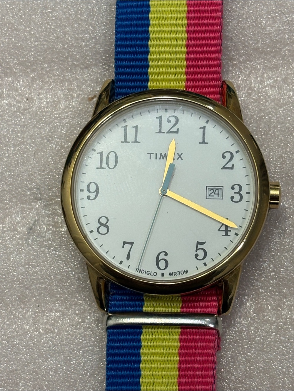 Timex Men's Gold-Tone Watch with Blue, Yellow & Pink Stripe Nylon Band